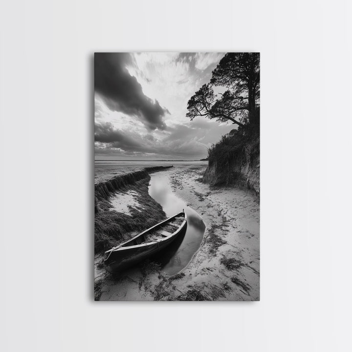 Abandoned boat, coastal decor, moody art, wabi sabi wall art, nature photography, nautical art, black and white wall art, canvas print