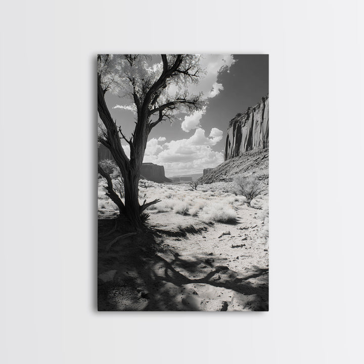 Desert landscape, Joshua tree art, western wall art, framed canvas print, southwest decor, black and white nature, rustic desert scene