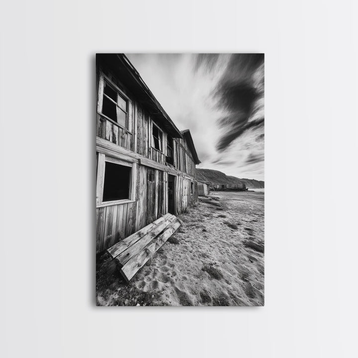 Rustic barn, farmhouse art, abandoned building, vintage Christmas, moody art, black and white wall art, wabi sabi wall art, framed canvas print