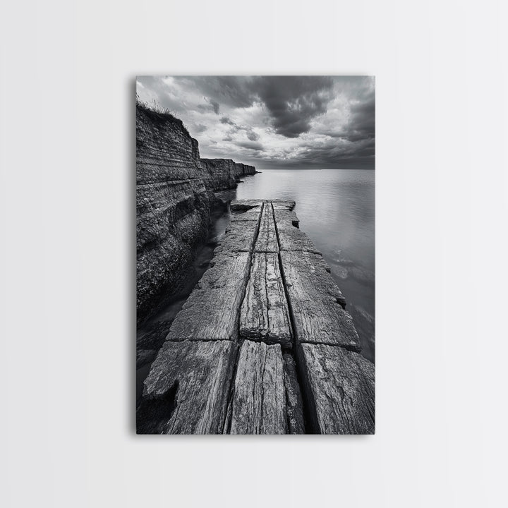Cliffside view, nautical decor, rustic photography, seascape painting, wabi sabi art, black and white art, canvas print, above sofa art