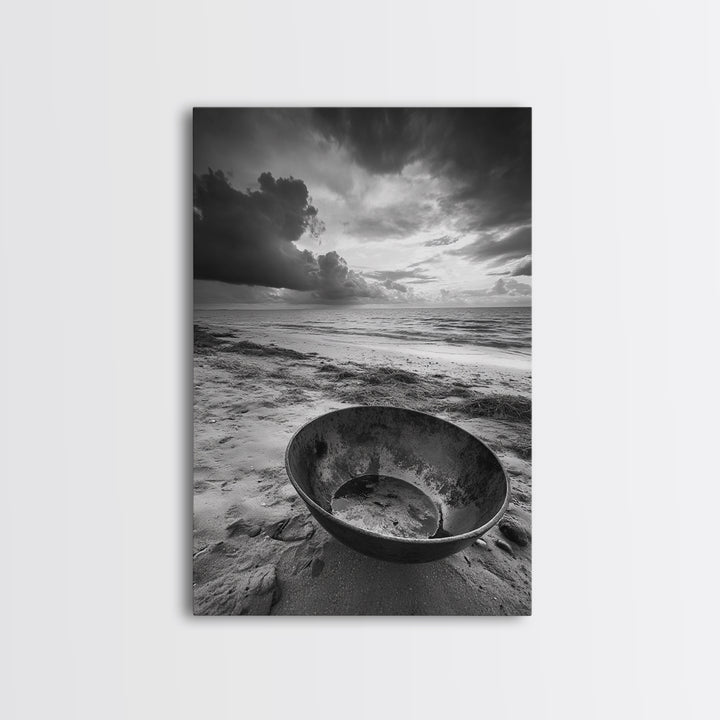 Beach bowl, wabi sabi wall art, coastal decor, moody art, minimalist art, black and white photography, framed canvas print, extra wide art