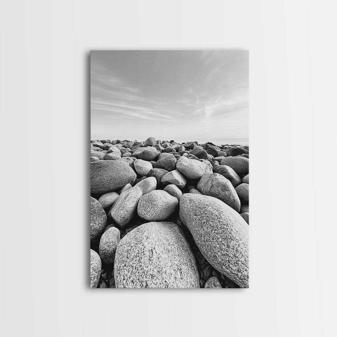 Stone beach, coastal landscape art, black and white art, wabi sabi wall art, minimalist art, nature photography, framed canvas print