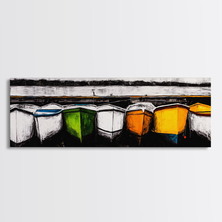 Boats at Dock, nautical painting, coastal wall art, rustic art, extra wide art, panoramic painting, above sofa art, Canvas Print