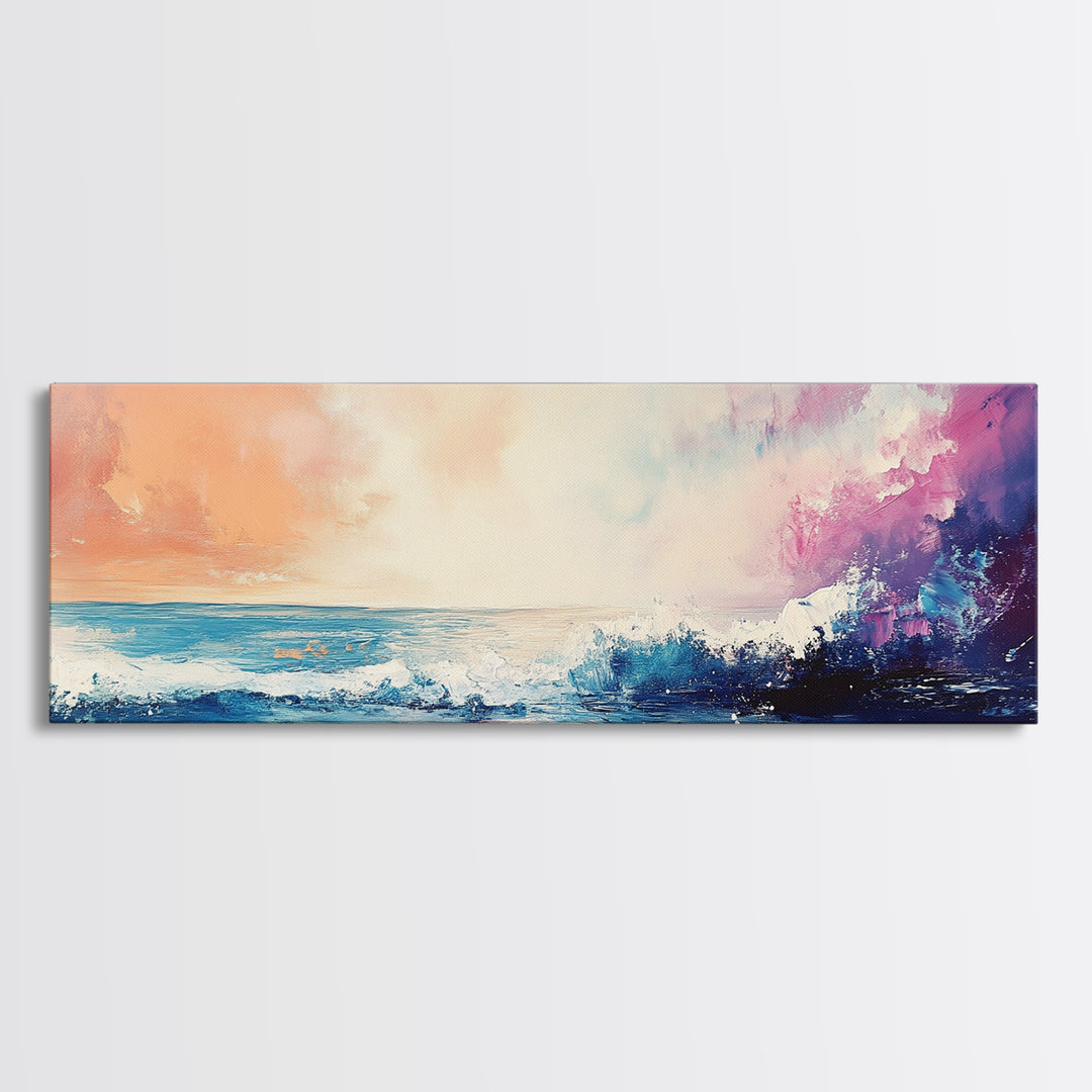 Ocean Sunset Waves, coastal painting, seascape painting, nautical wall art, pink orange wall art, extra wide art, Canvas Print