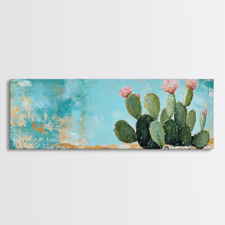Blooming Cactus, agave painting, botanical prints, desert landscape art, teal wall art, wabi sabi art, rustic decor, Framed Canvas Print