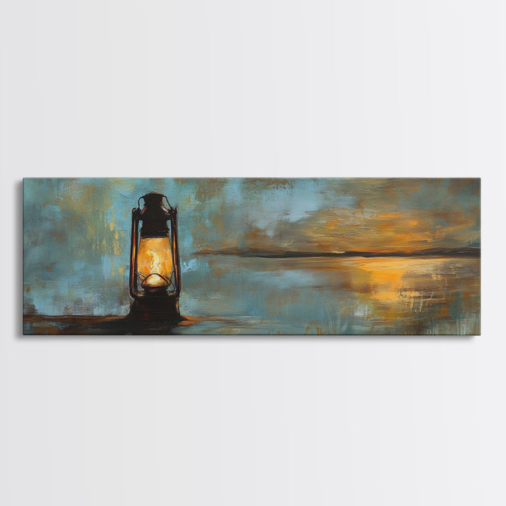 Lantern, rustic art, moody art, oil painting, long narrow wall art, extra wide art, above sofa art, Framed Canvas Print