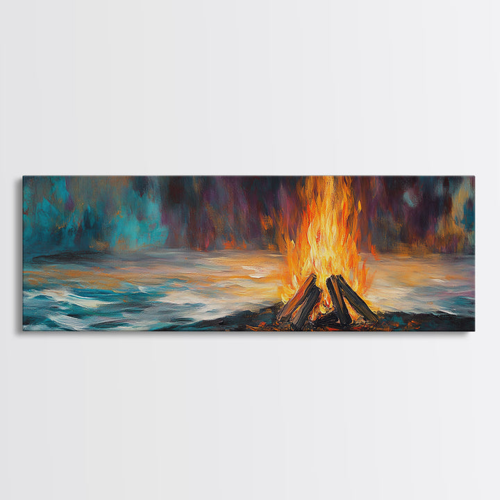 Bonfire, moody art, coastal landscape art, rustic decor, extra wide art, above bed wall art, gift idea for him, Canvas Print