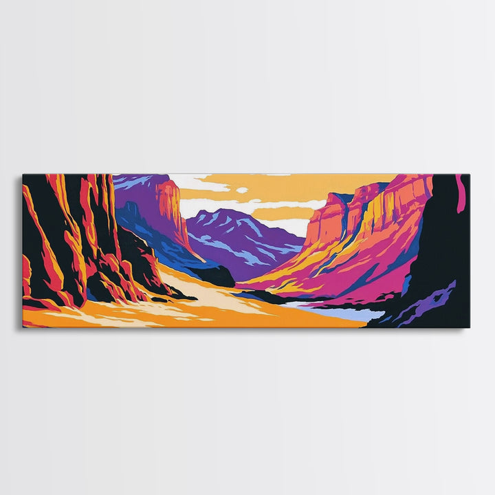 Canyon, mountain painting, pink orange wall art, southwest wall art, above couch art, panoramic art, Joshua tree art, Canvas Print