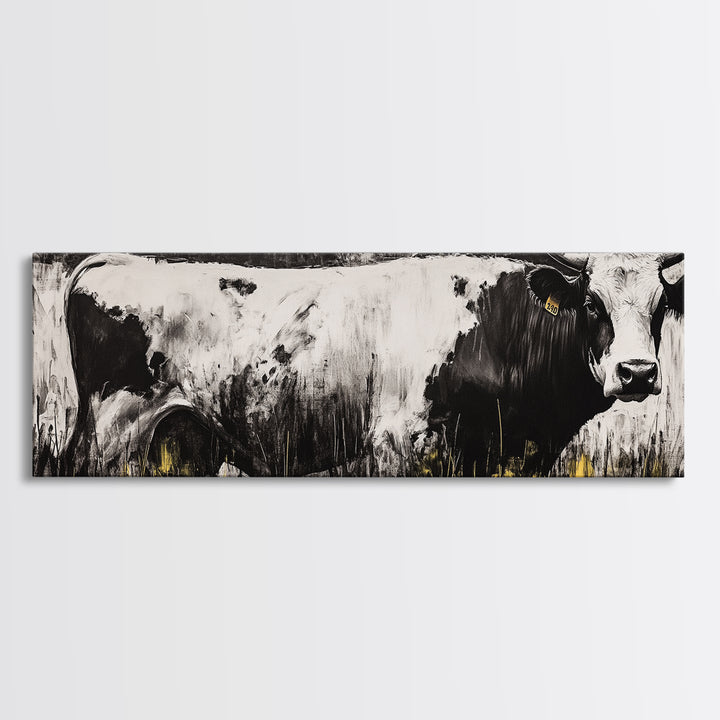 Black and White Cow, farmhouse art, rustic wall art, extra wide art, wabi sabi art, vintage horse art, Canvas Print