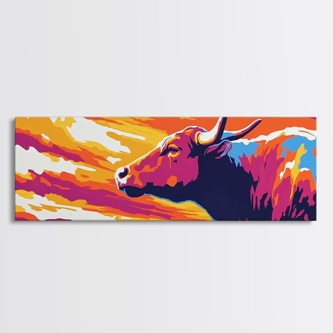 Sunset Bull, bull art, southwest wall art, pink orange wall art, extra wide art, rustic decor, Canvas Print