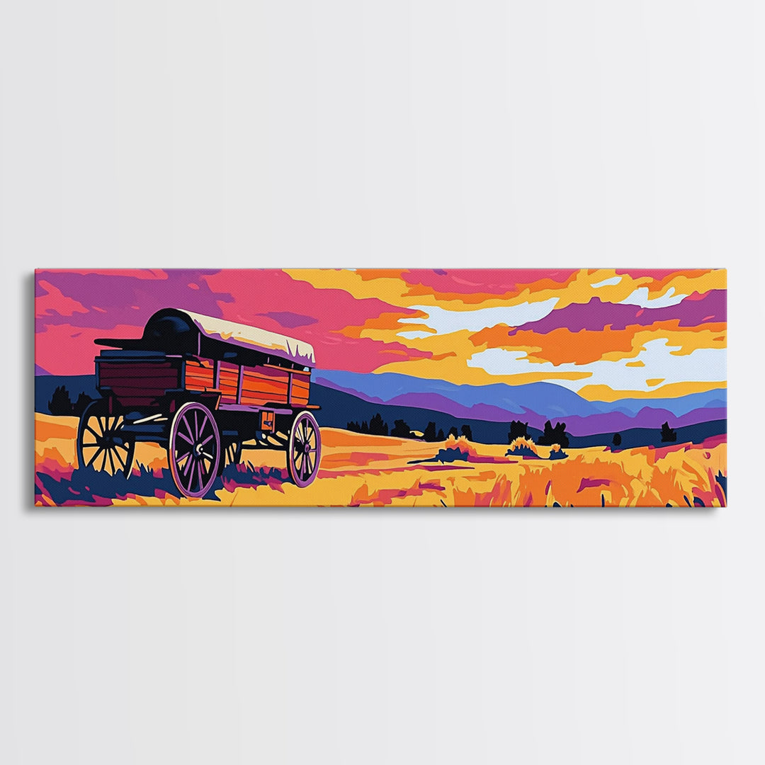 Prairie Wagon, rustic wall art, farmhouse art, cowboy painting, western decor, tall narrow art, panoramic painting, framed canvas print