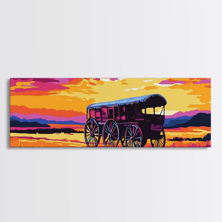 Western Wheels, cowboy painting, rustic wall art, gift idea, farmhouse decor, panoramic art, extra wide art, framed canvas print