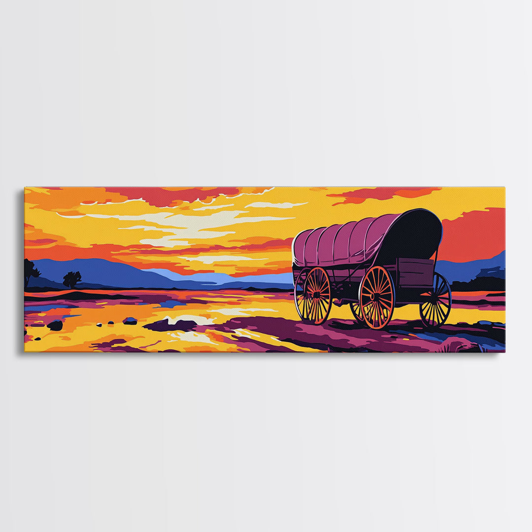 Wagon at Sunset, pink orange wall art, rustic decor, mountain painting, panoramic art, extra wide art, Framed Canvas Print, gift idea