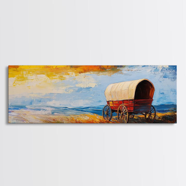 Country Wagon, coastal decor, rustic wall art, panoramic painting, barn landscape oil painting, boho art, Framed Canvas Print, gift idea