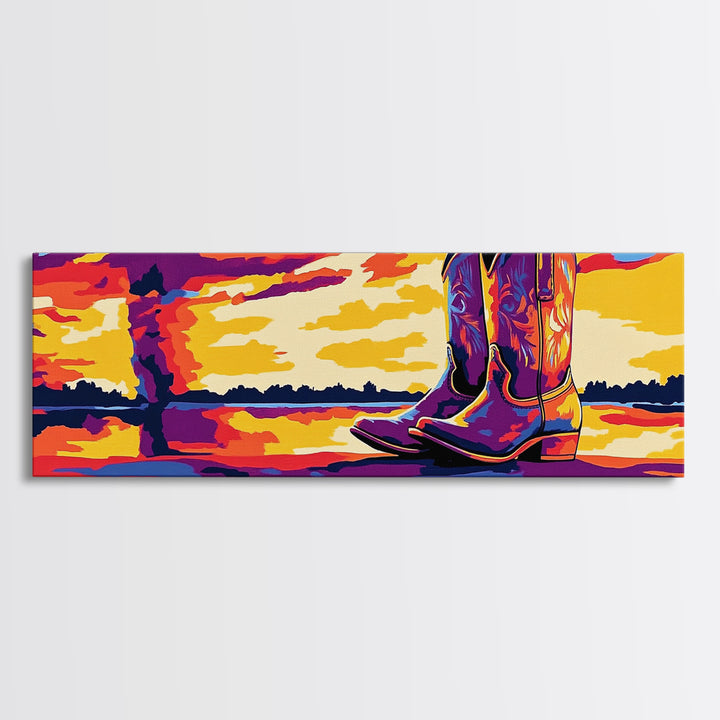 Cowboy Boots Art, Pink Orange Wall Art, Coastal Cowgirl Wall Art, Framed Canvas Print, Western Decor, Extra Wide Art, Rustic Art