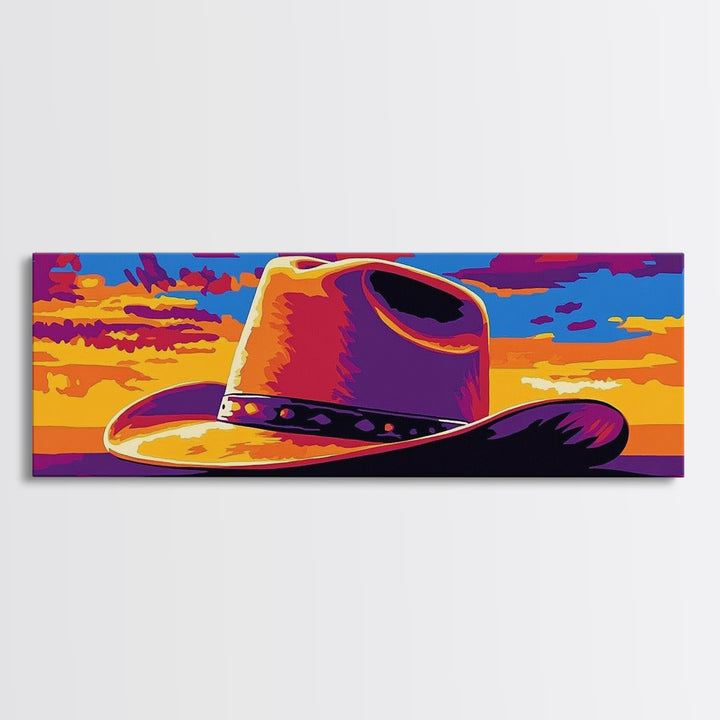 Cowboy Hat at Sunset, Pink Orange Wall Art, Blotter Art, Canvas Print, Southwest Wall Art, Extra Wide Art, Coastal Cowgirl Wall Art