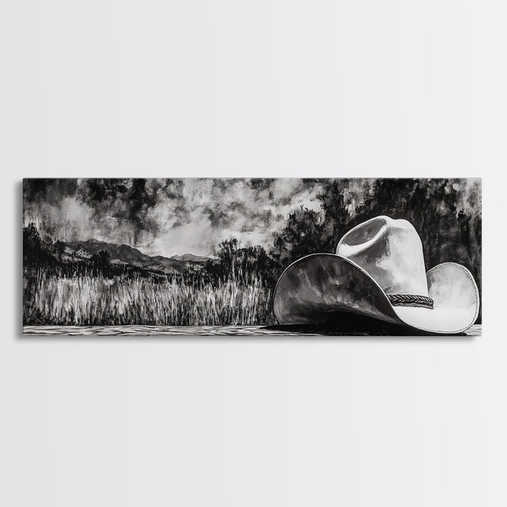 Black and White Art, cowboy hat painting, rustic decor, farmhouse art, extra wide art, panoramic art, framed canvas print, landscape painting