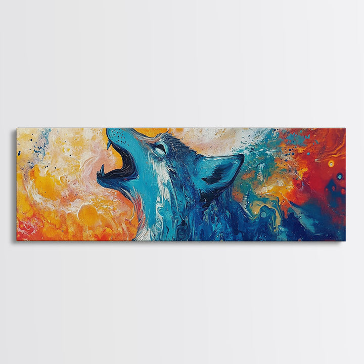 Abstract Wolf Art, moody art, blue and green wall art, extra wide art, framed canvas print, panoramic painting, rustic decor, southwest wall art