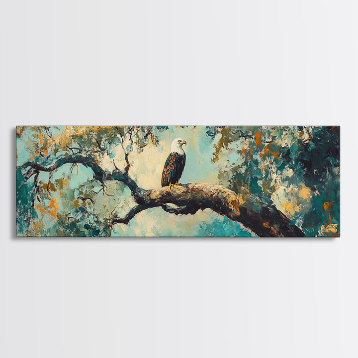Eagle Painting, Framed Canvas Print, Bird Art, Forest At Dusk Painting, Moody Art, Extra Wide Art, Rustic Wall Art, Above Bed Art