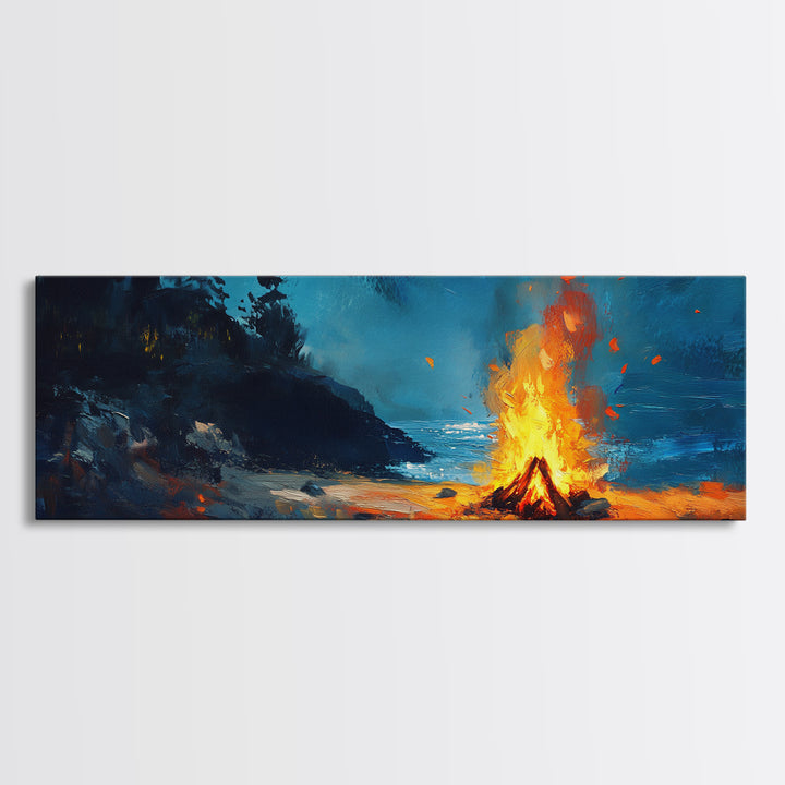 Coastal Cowgirl Wall Art, Framed Canvas Print, Campfire Painting, Rustic Decor, Moody Art, Extra Wide Art, Living Room Art, Above Couch Art