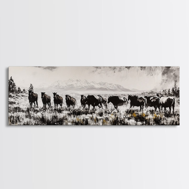 Black And White Wall Art, Framed Canvas Print, Vintage Horse Art, Rustic Wall Art, Extra Wide Art, Moody Art, Western Art, Above Bed Art