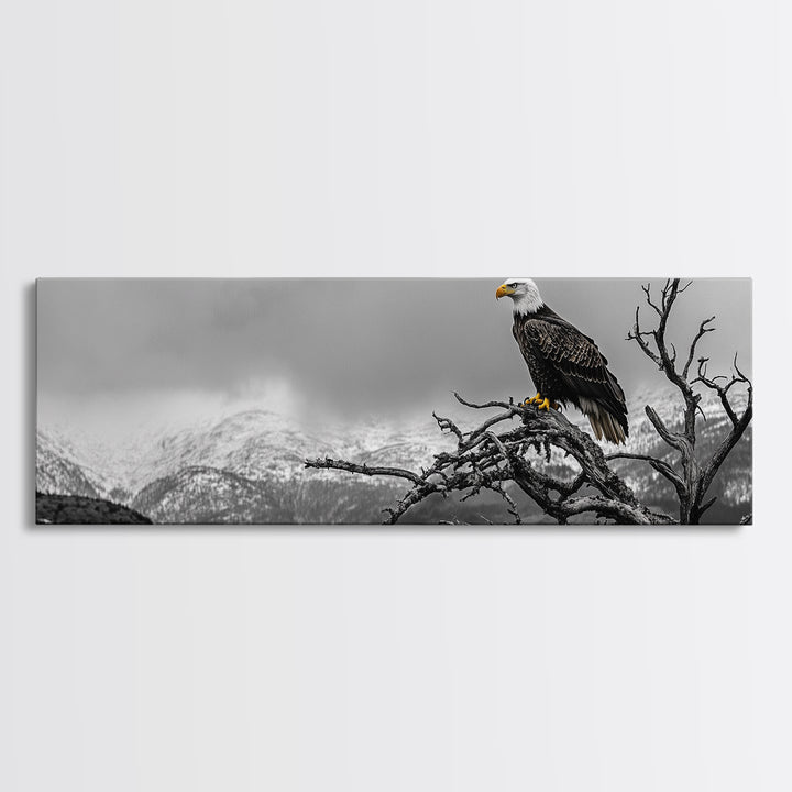 Bald Eagle, Mountain Painting, Wildlife Art, Nature Wall Art, Rustic Decor, Moody Art, Above Sofa Art, Extra Wide Art, Framed Canvas Print