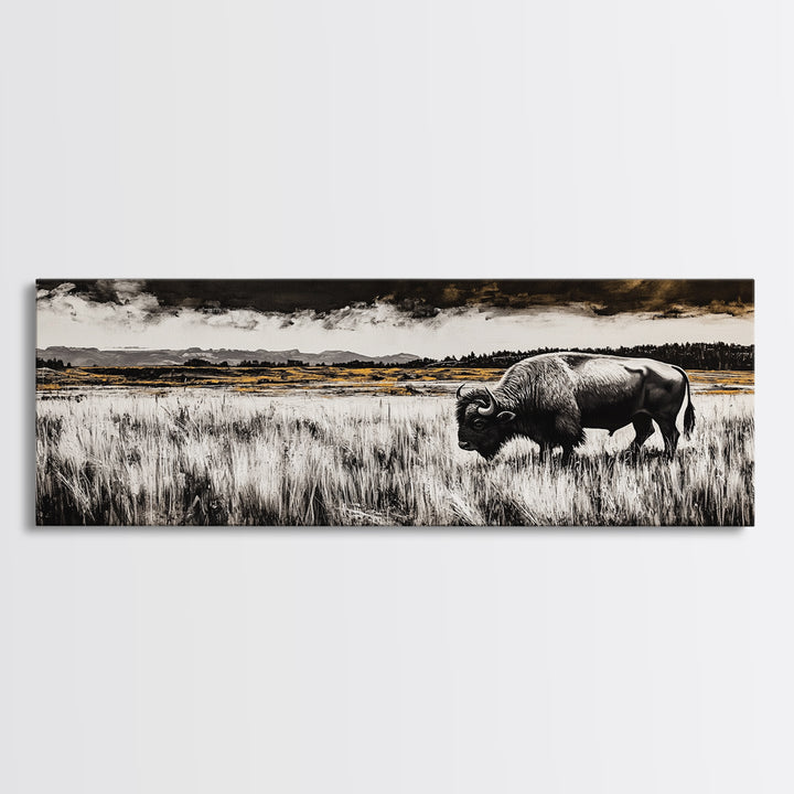 Bison painting, rustic art, black and white wall art, moody art, western decor, panoramic painting, extra wide art, framed canvas print