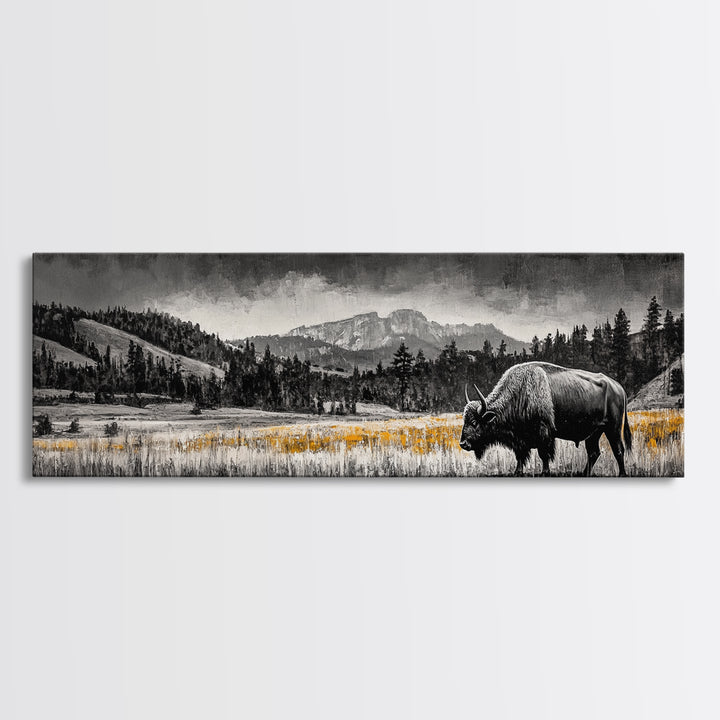 Bison art, mountain painting, black and white western art, farmhouse art, smoky mountain art, extra wide art, framed canvas print
