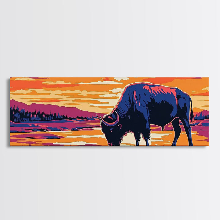 Buffalo painting, southwest wall art, rustic decor, pink orange wall art, cowboy art, above couch art, extra wide art, canvas print