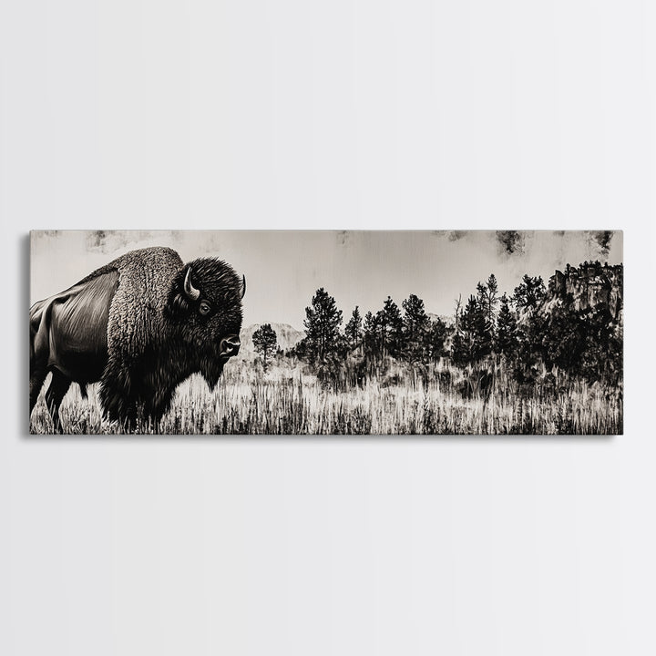 Bison landscape, black and white western painting, rustic decor, extra wide art, smoky mountain art, panoramic painting, framed canvas print
