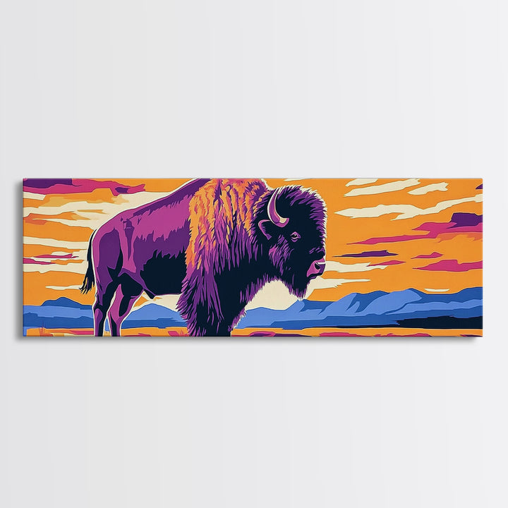 Bison, sunset, southwest wall art, buffalo, pink orange wall art, panoramic art, framed canvas print, extra wide art, rustic decor