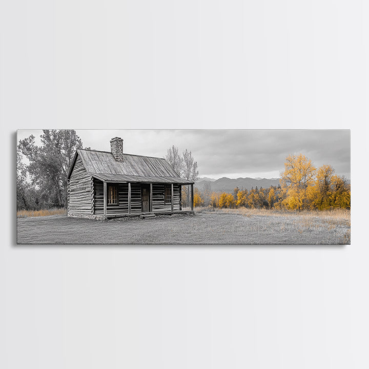 Log Cabin, Fall Art, Rustic Wall Art, Farmhouse Art, Cozy Cabin Art, Landscape Painting, Wabi Sabi Art, Above Couch Art, Framed Canvas Print