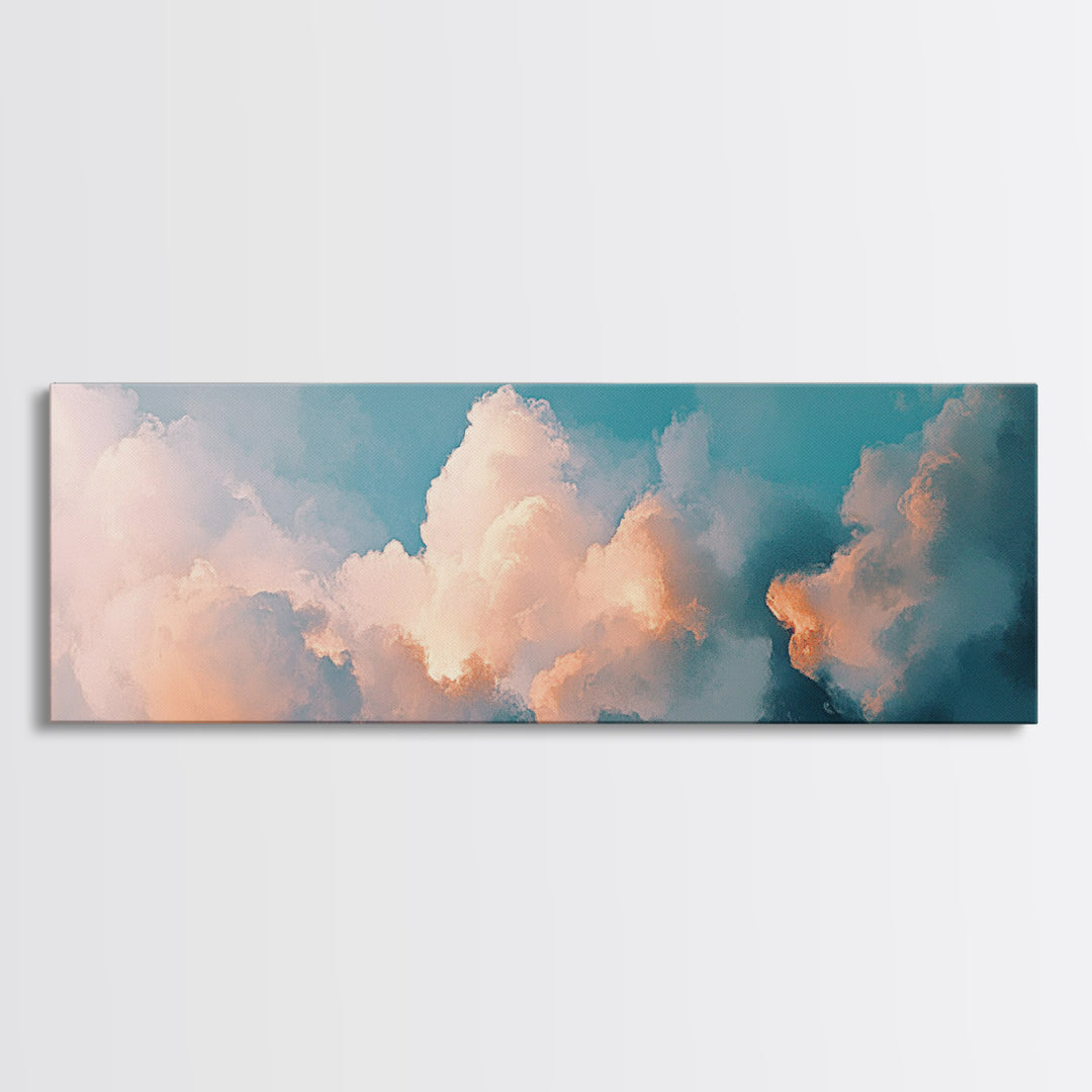 Cloud painting, sky wall art, soft pastel art, extra wide art, bedroom art, panoramic painting, framed canvas print, wabi sabi art