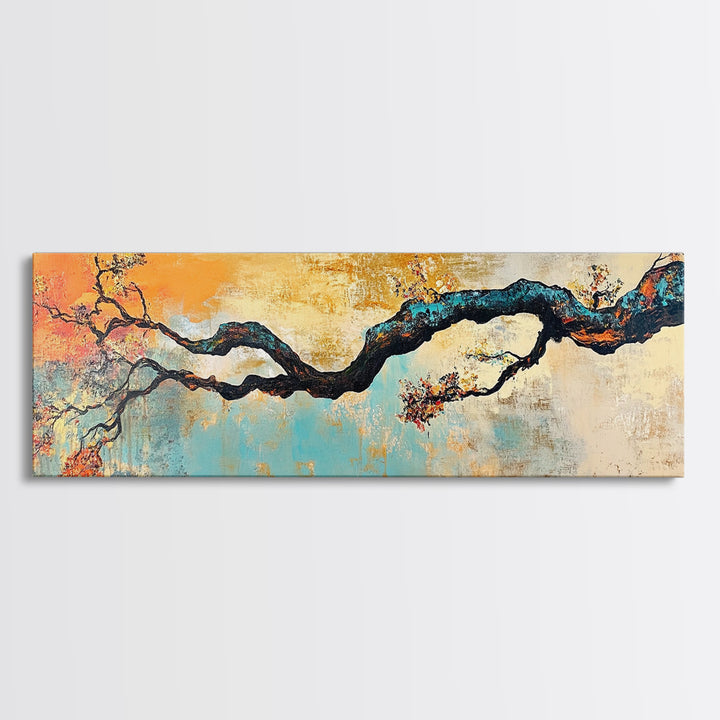 Birch tree painting, autumn decor, extra wide art, botanical prints, nature wall art, framed canvas print, long narrow wall art, wabi sabi art