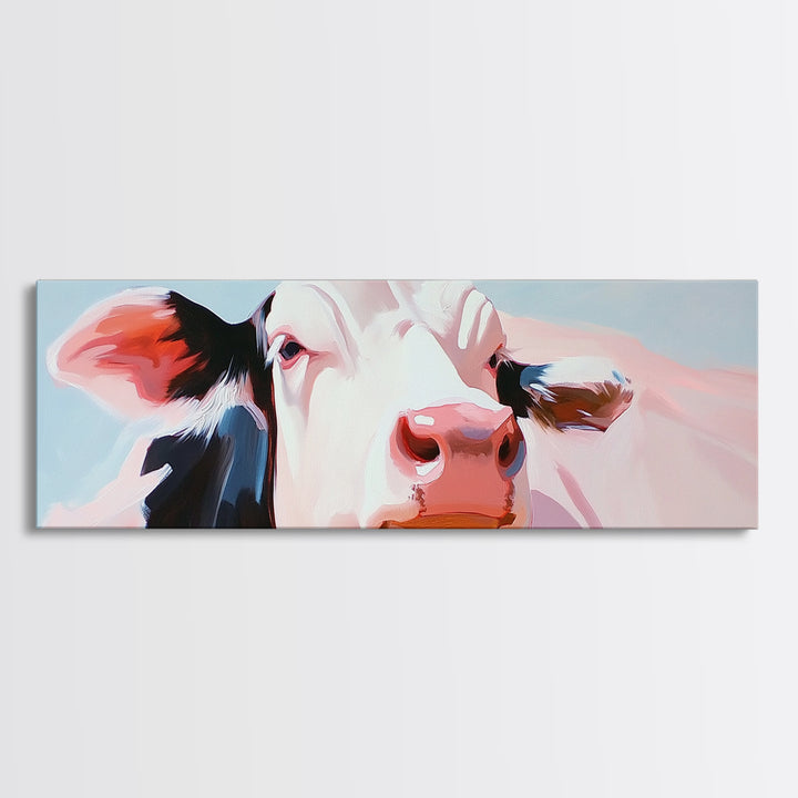 Cow painting, farmhouse art, rustic decor, barn landscape oil painting, extra wide art, framed canvas print, whimsical art, light pink wall art