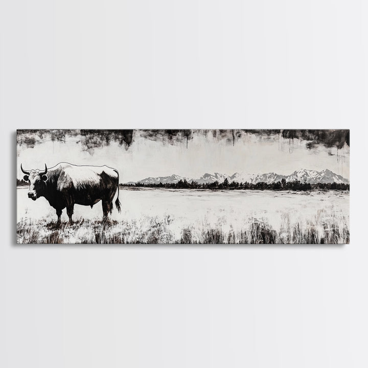 Bull and bear art, black and white painting, rustic wall art, farmhouse decor, extra wide art, framed canvas print, moody art, landscape painting