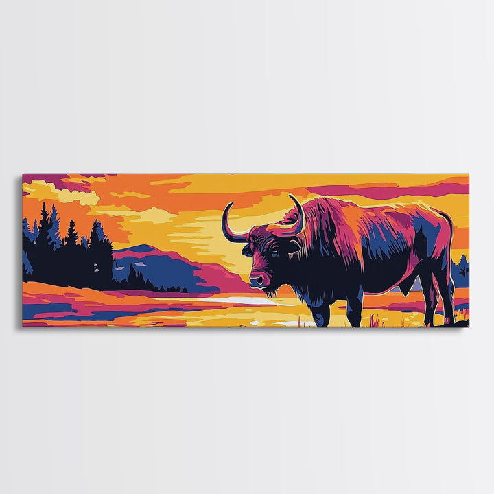 Buffalo painting, colorful animal art, rustic decor, extra wide art, framed canvas print, southwest wall art, landscape painting, wild west art