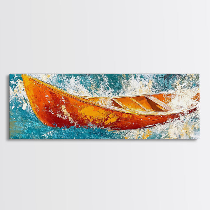 Boat in Waves, coastal wall art, nautical painting, extra wide horizontal art, ocean decor, farmhouse art, framed canvas print