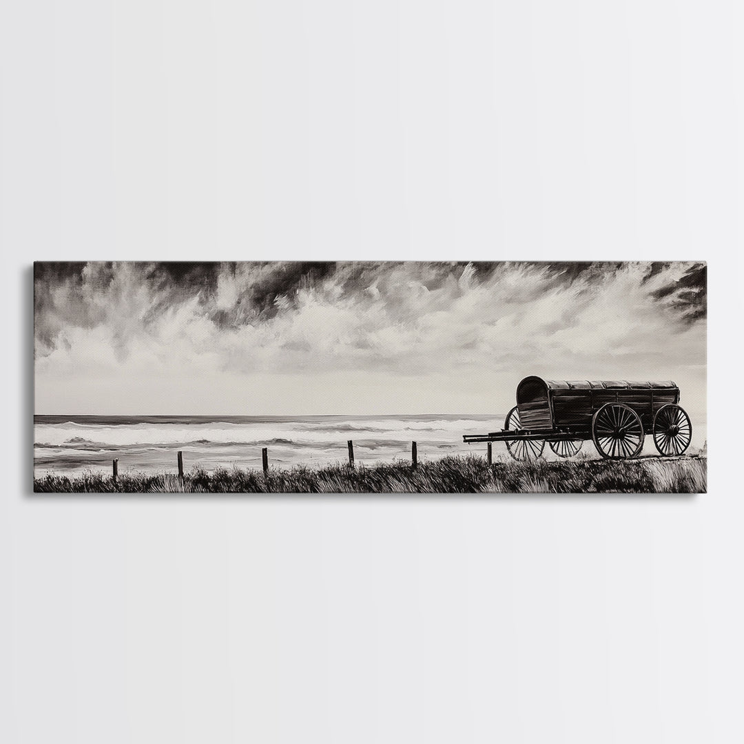 Stormy Wagon, black and white art, moody western painting, rustic decor, farmhouse wall art, extra wide panoramic art, framed canvas print.