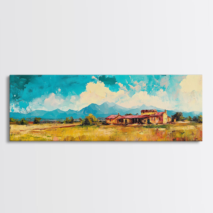Desert Homestead, western wall art, rustic art, farmhouse painting, southwest landscape painting, extra wide art, framed canvas print