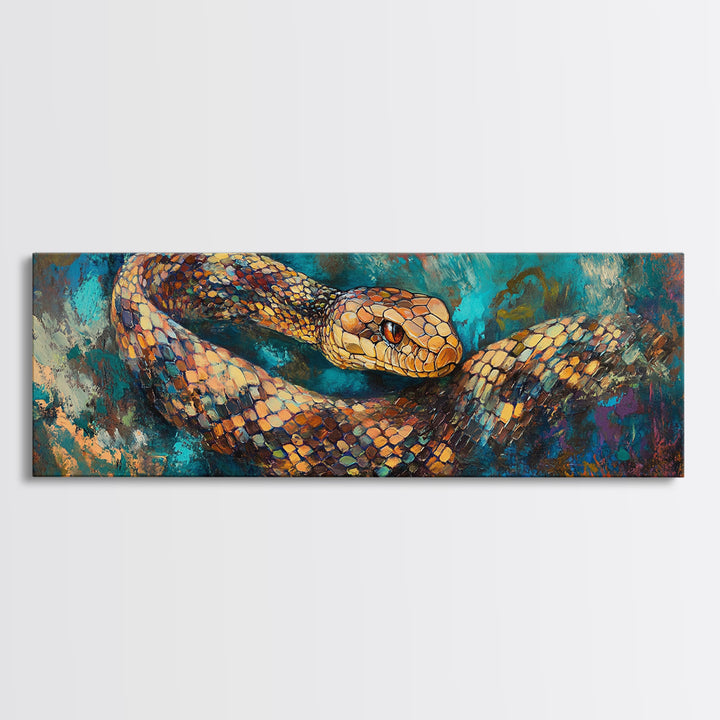 Coiled Serpent, moody art, snake painting, dark romance art, gothic decor, rustic wall art, panoramic wall art, framed canvas print