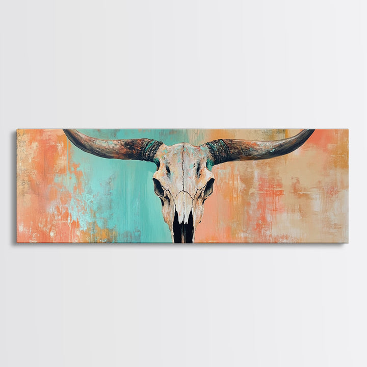 Rustic Skull, vintage horse art, southwest wall art, skull art, panoramic painting, rustic wall art, boho art, Canvas Print, farmhouse art