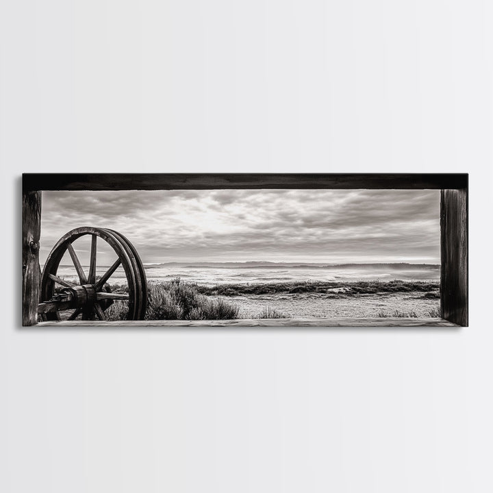Black White Wagon, rustic decor, panoramic art, moody art, extra wide art, barn landscape oil painting, framed canvas print, living room art