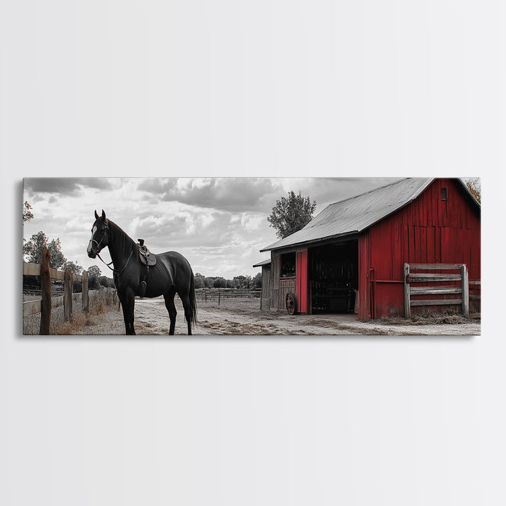Barn Horse, Rustic Art, Farmhouse Art, Vintage Horse Art, Rural Wall Art, Extra Wide Art, Framed Canvas Print, Guest Room Art