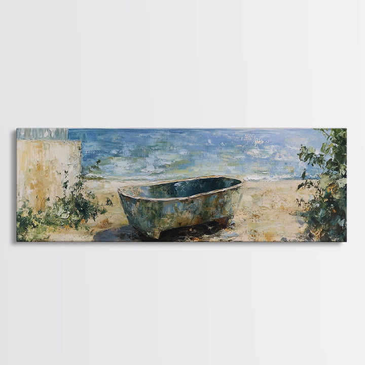 Beach Tub, rustic decor, coastal wall art, wabi sabi art, framed canvas print, farmhouse art, seascape painting, nautical decor