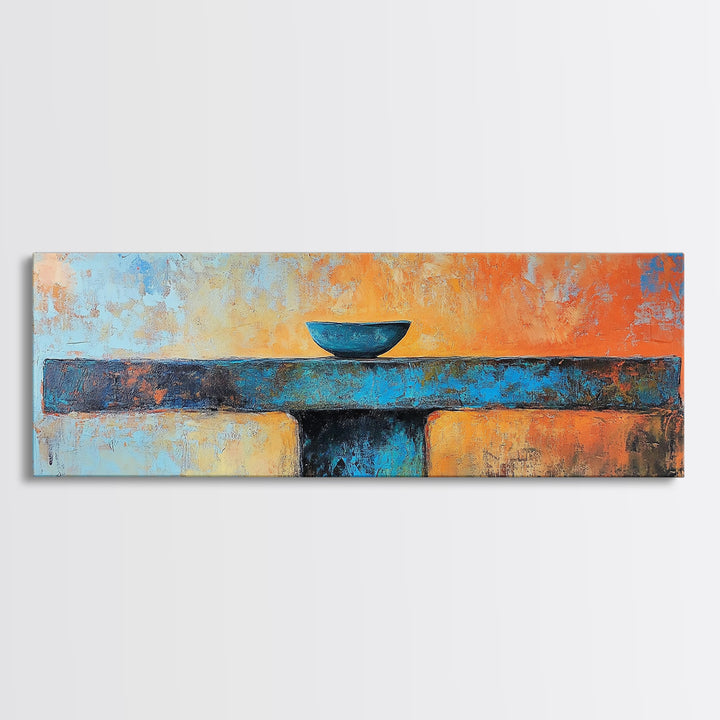 Blue Bowl, minimalist art, wabi sabi art, extra wide art, framed canvas print, sage green wall art, horizontal wall art, therapy art