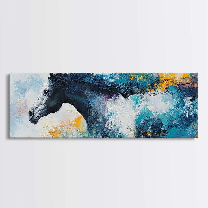 Horse Wall Art, Framed Canvas Print, Extra Wide Art, Blue and Green Wall Art, Moody Art, Rustic Decor, Panoramic Art, Farmhouse Art, Gift Idea for Him