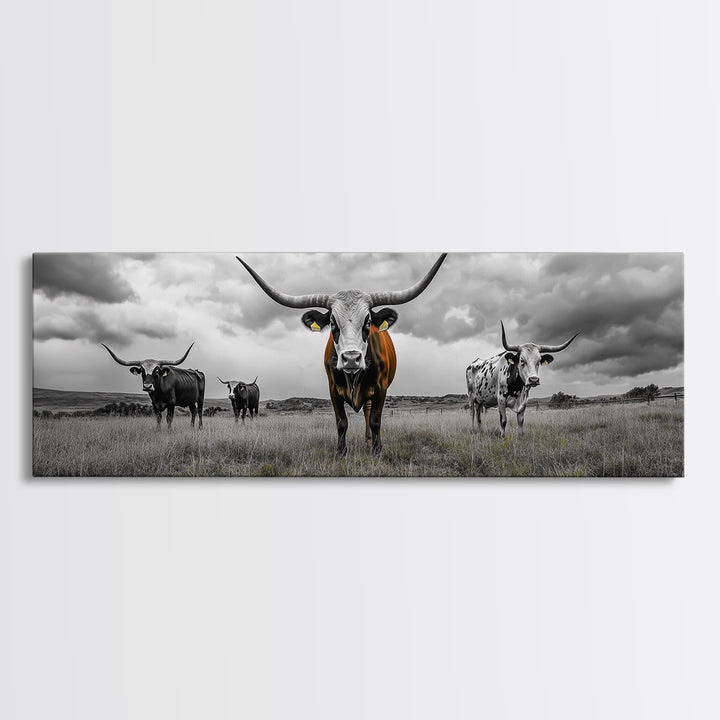 Texas Longhorns, Bull and Bear Art, Rustic Wall Art, Moody Art, Extra Wide Art, Framed Canvas Print, Horizontal Wall Art, Gift Idea