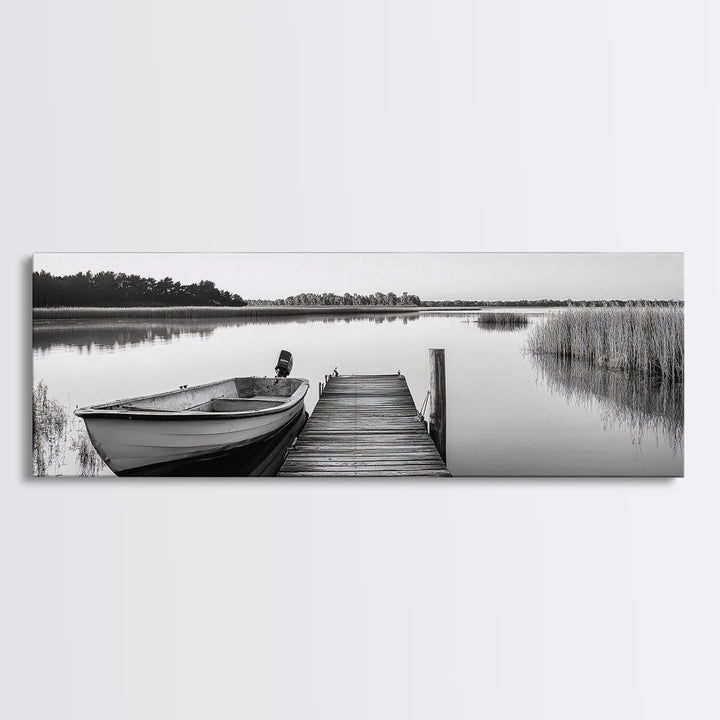 Boat On Dock, Nautical Wall Art, Framed Canvas Print, Coastal Landscape Art, Rustic Decor, Extra Wide Art, Minimalist Art, Bedroom Art