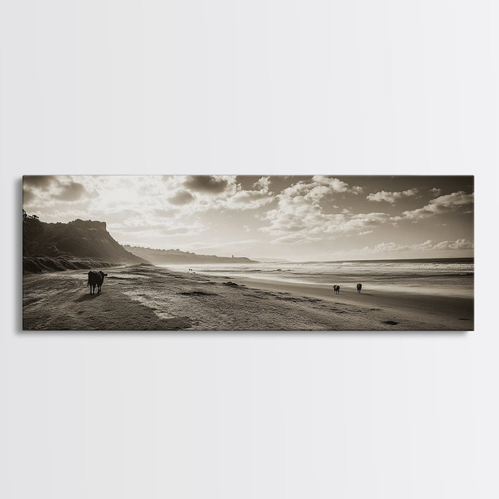 Cattle On Beach, Wabi Sabi Art, Framed Canvas Print, Coastal Landscape Art, Rustic Decor, Extra Wide Art, Moody Art, Minimalist Art